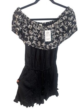 Lucky Brand Black Off-Shoulder Romper with Cream Floral Yoke